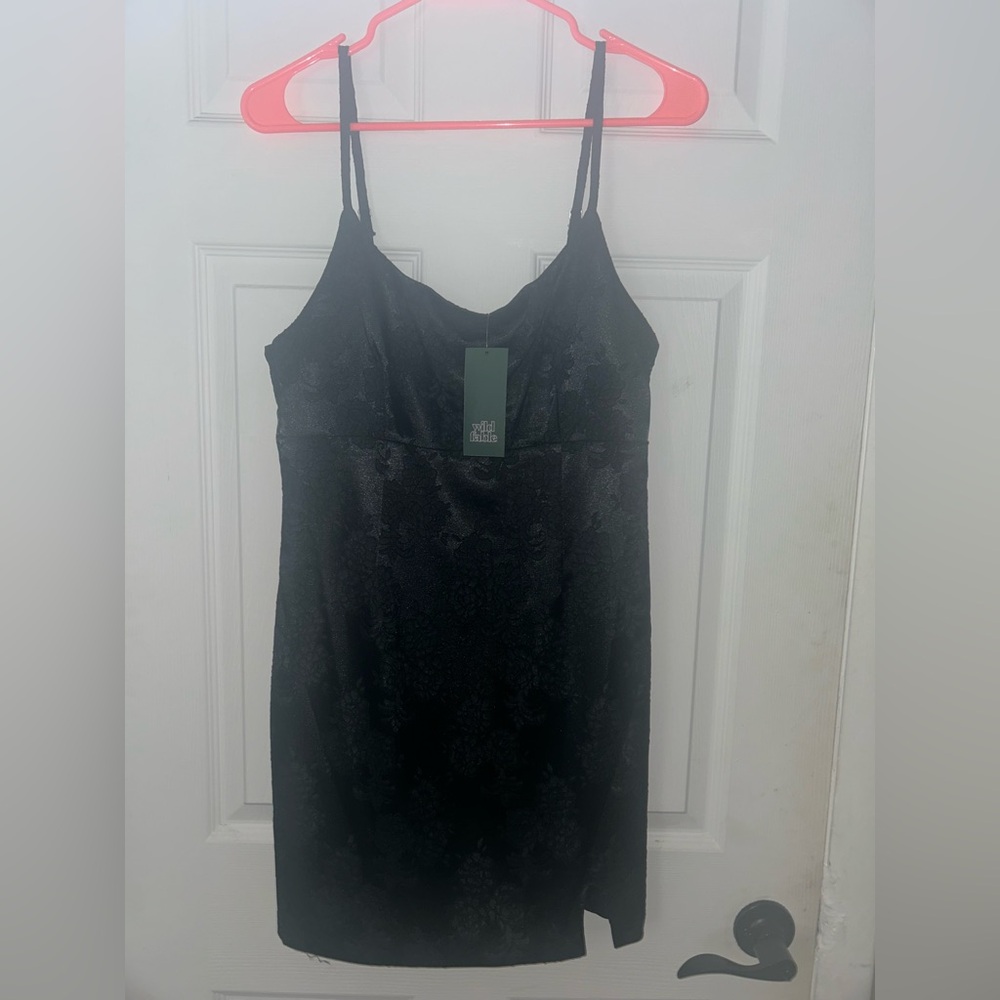 wild fable Black Satin Jacquard Slip Dress with Adjustable Straps